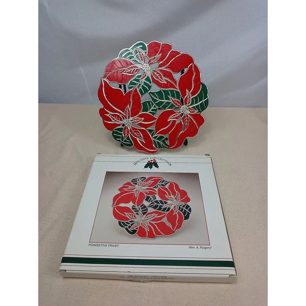 Vintage Wm A Rogers Poinsettia Trivet Silverplate & Enamel 1986 Christmas Trivet